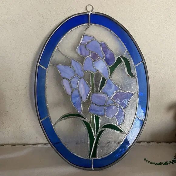 Vintage Handcrafted Large Stained Glass Suncatcher With Iris Flowers. No Cracks! - Picture 3 of 8